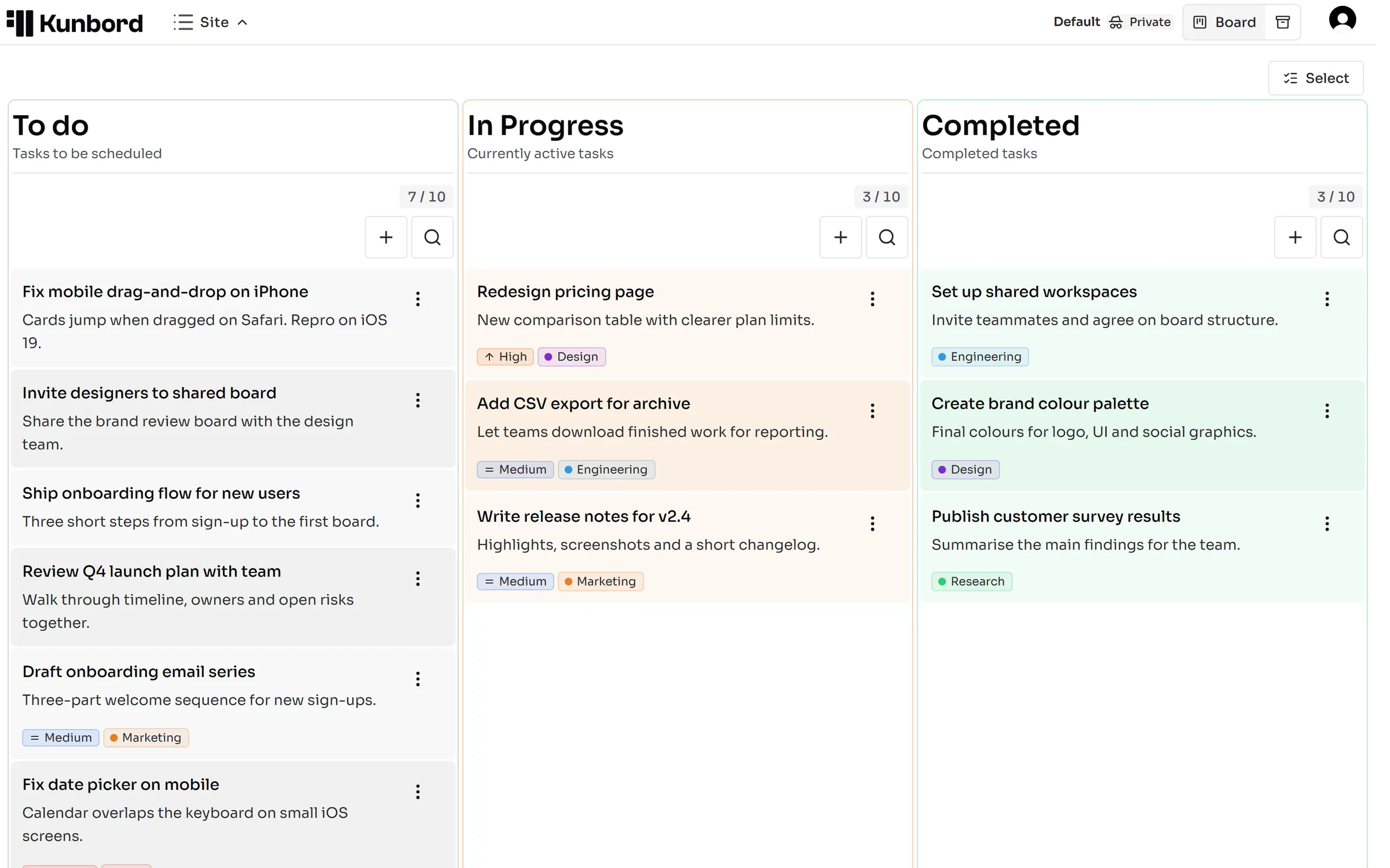 Kunbord board with four columns of cards showing priorities and categories, including a shared workspace.