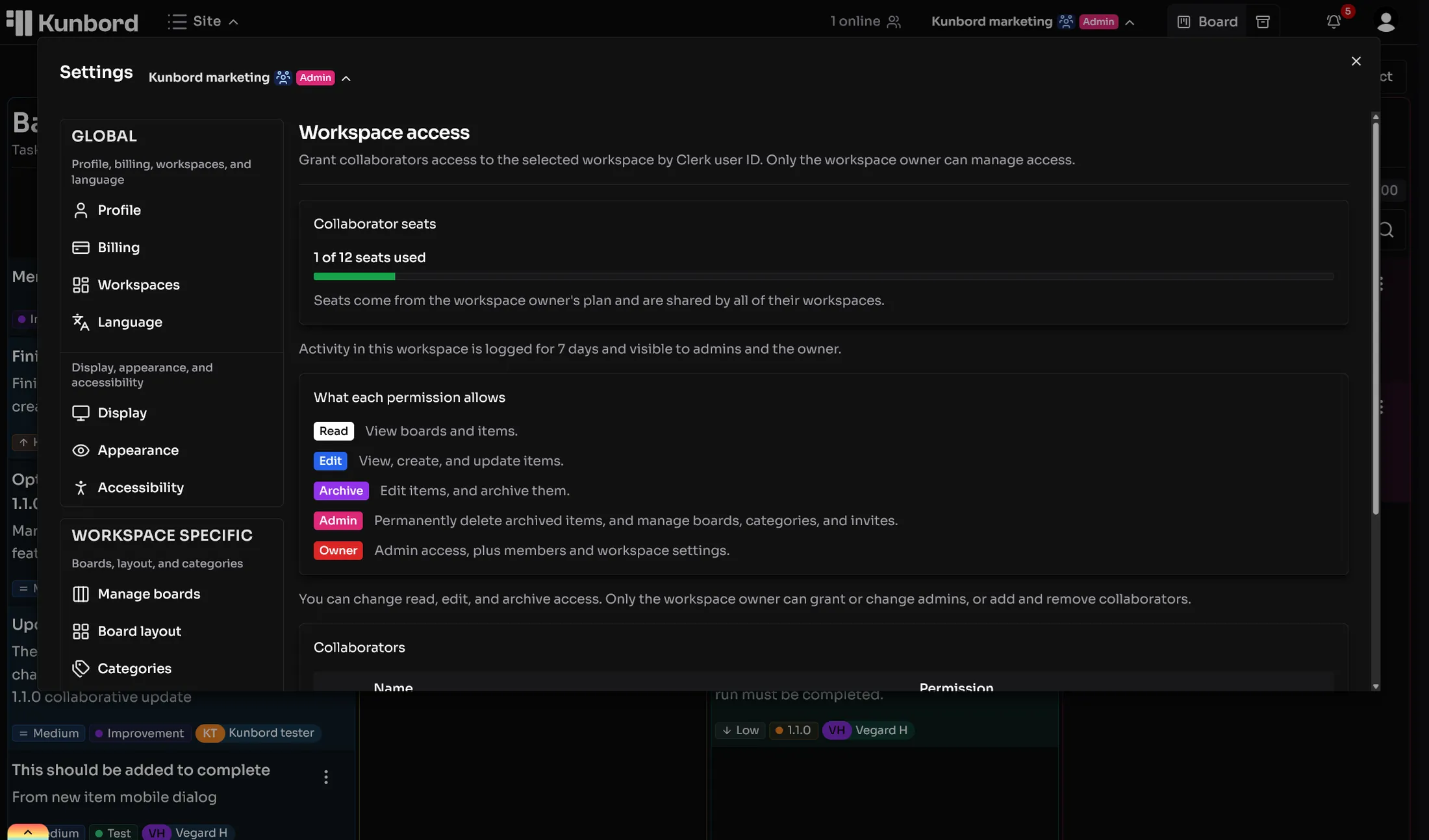 Kunbord collaborator list with a permission picker for each member.
